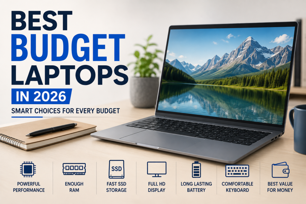 Best budget laptops in 2026 with a laptop showing key features including performance, RAM, SSD storage, display, battery life, keyboard comfort, and value.