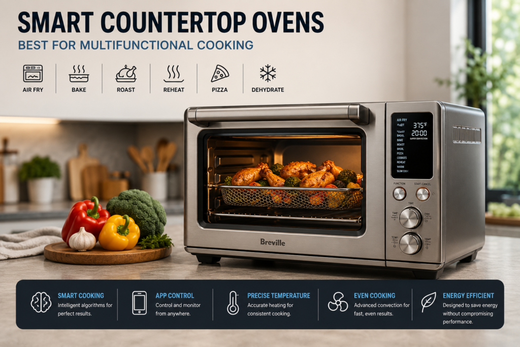 Smart countertop oven for multifunctional cooking with air fry, bake, roast, and reheat features