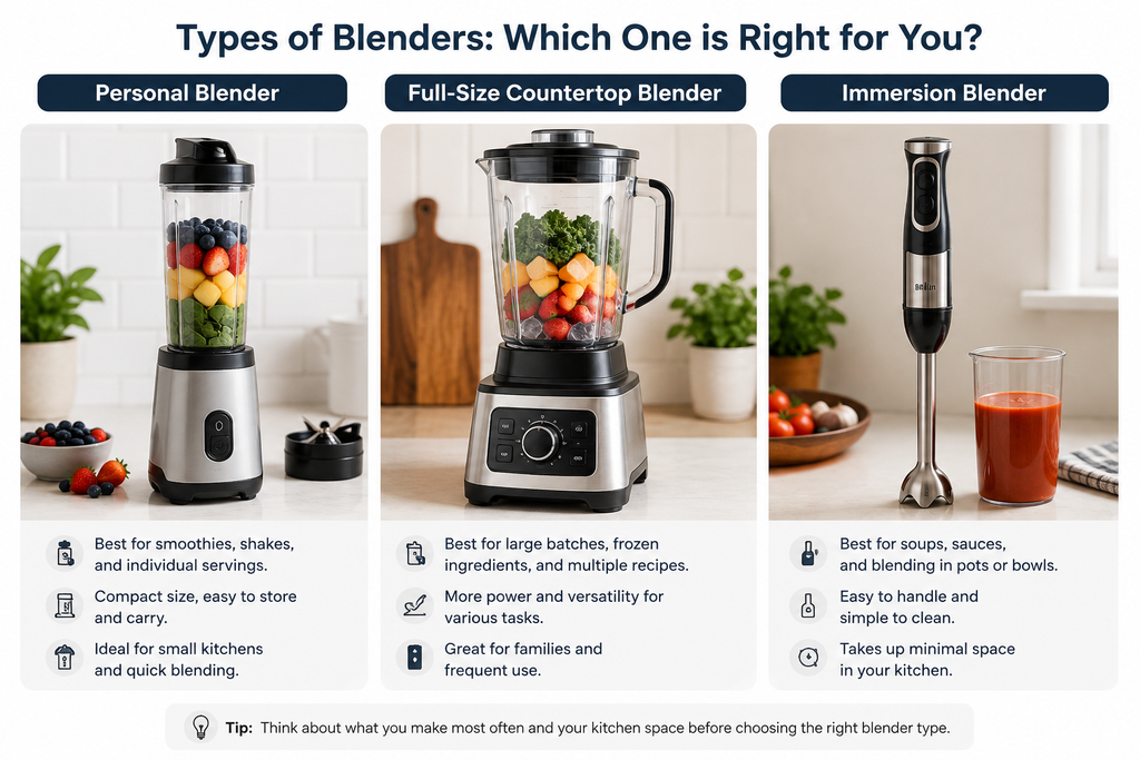  Types of blenders compared: personal, full-size countertop, and immersion blenders