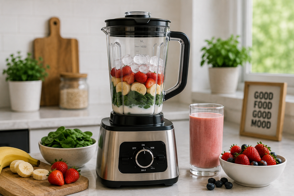 Modern countertop blender with fresh fruits, spinach, ice, and a prepared smoothie in a bright kitchen. 