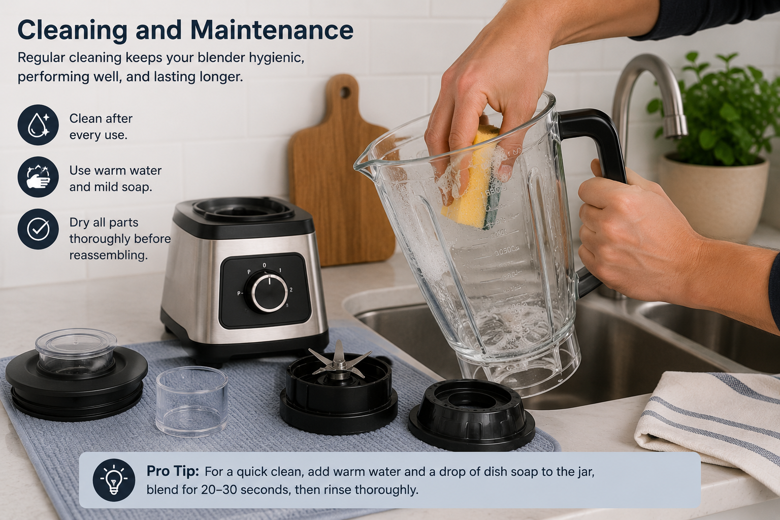 Cleaning and maintaining a countertop blender with its pitcher, lid, and blade assembly separated for washing