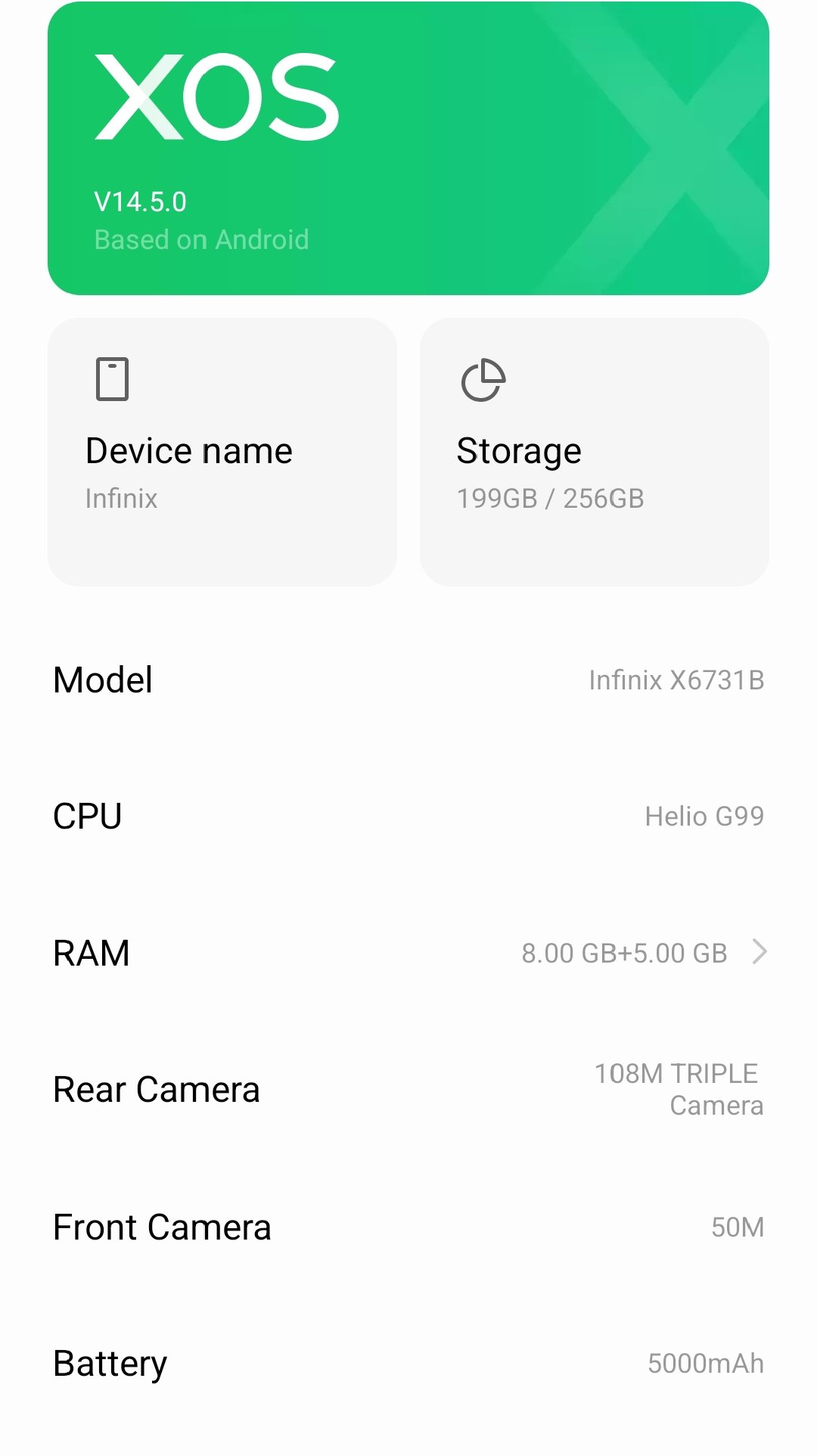 Infinix Zero 30 specifications showing 256GB storage and 8GB RAM