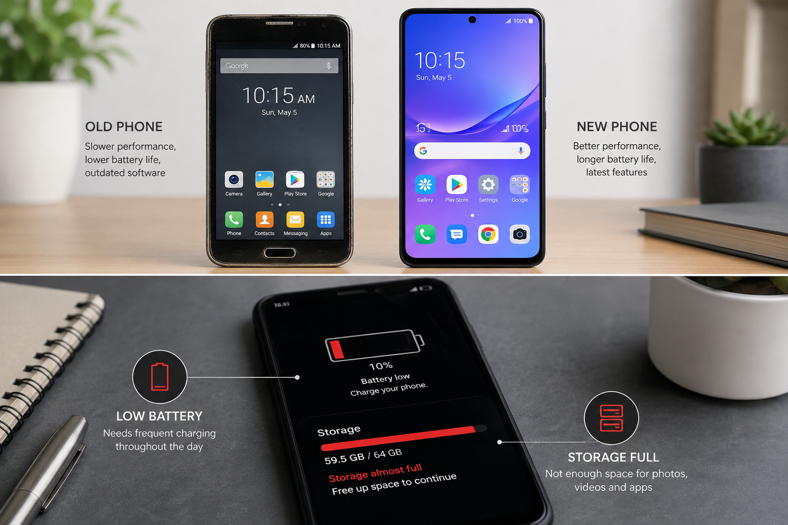 Older smartphone showing low battery and limited storage