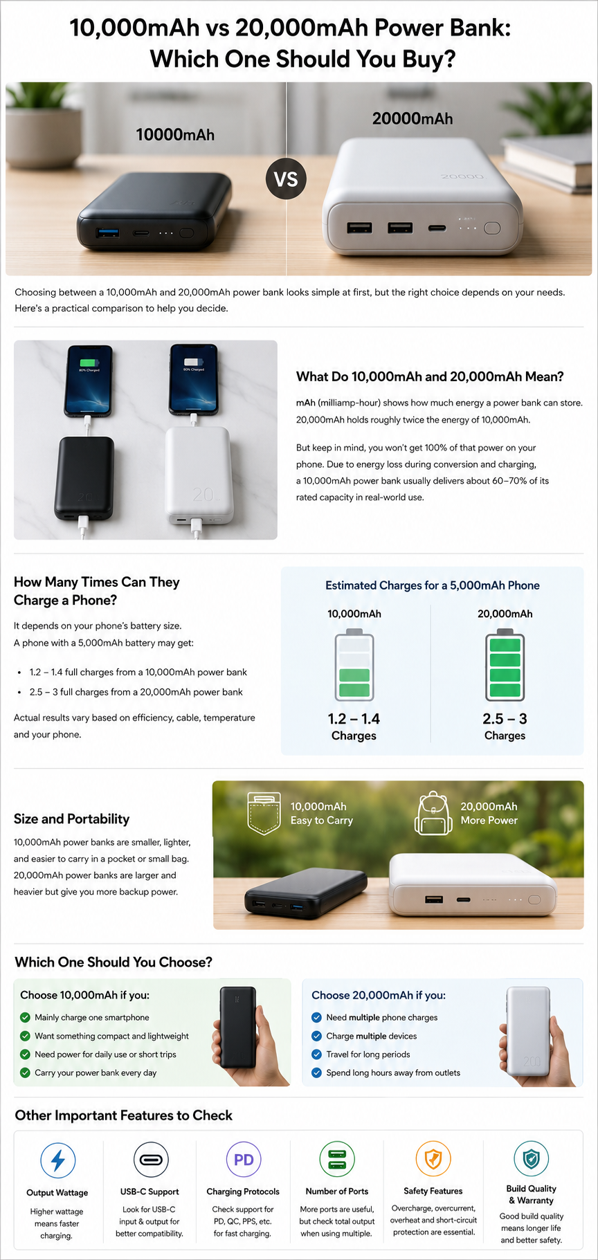 10,000mAh vs 20,000mAh power bank comparison infographic explaining capacity, charging, portability and key features