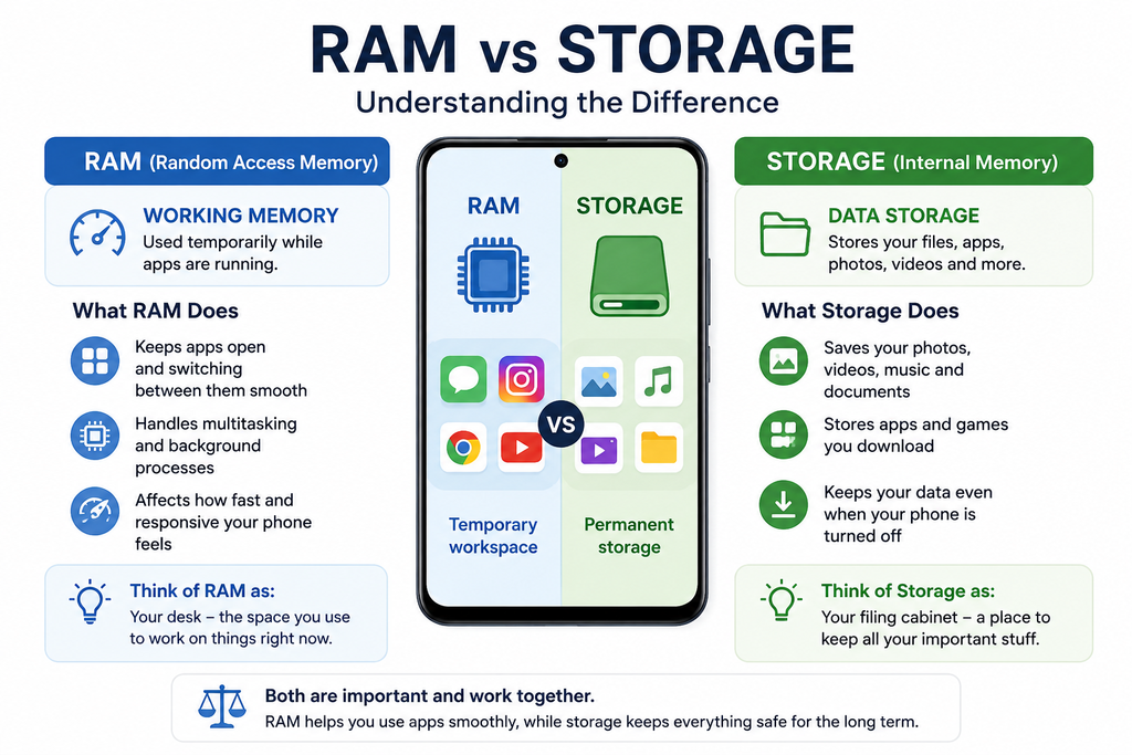 RAM vs storage comparison infographic showing how RAM handles active apps while storage keeps files, photos, videos, and apps permanently