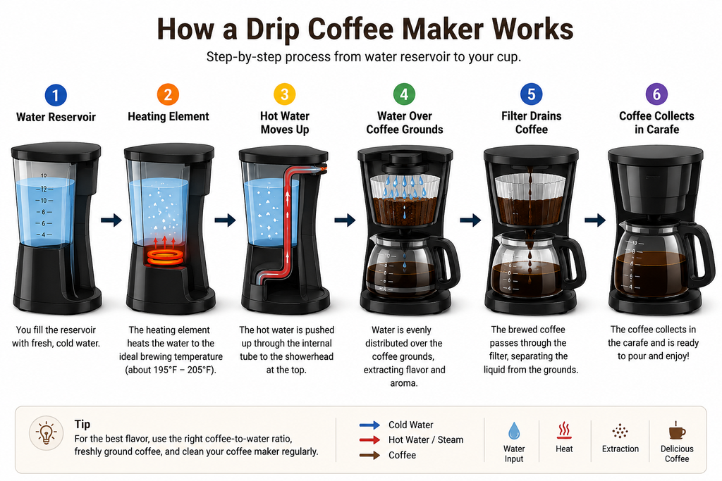 How a drip coffee maker works from water reservoir to brewed coffee