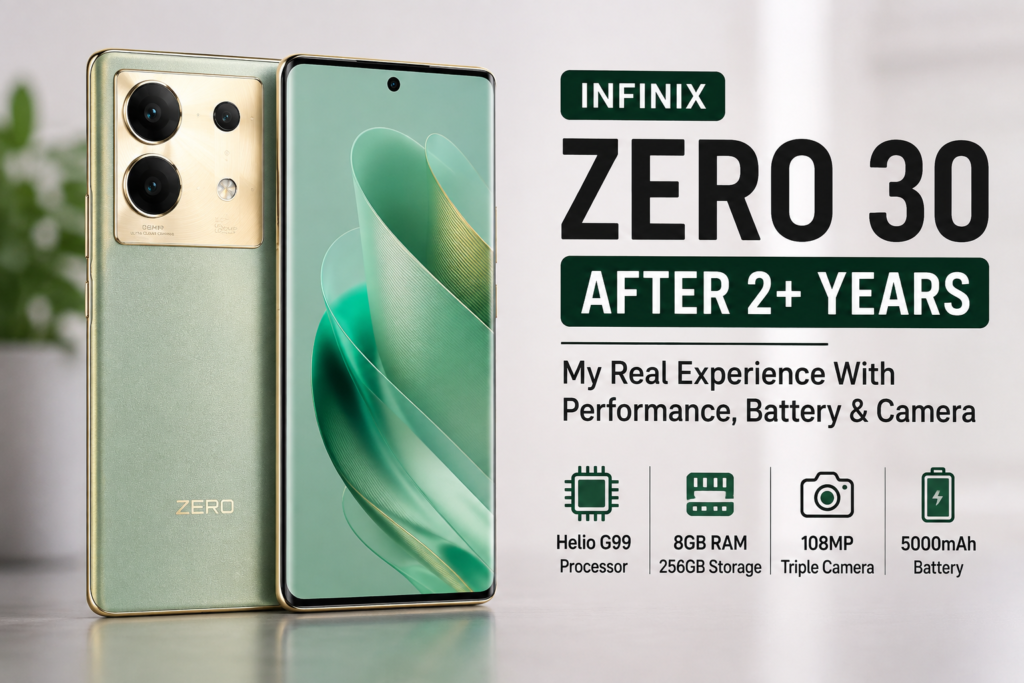 Infinix Zero 30 after 2 years of use showing its design, 256GB storage, Helio G99 processor and 108MP camera