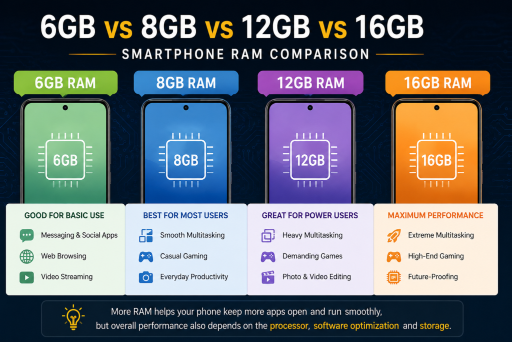 6GB vs 8GB vs 12GB vs 16GB smartphone RAM comparison showing recommended uses for each RAM capacity.