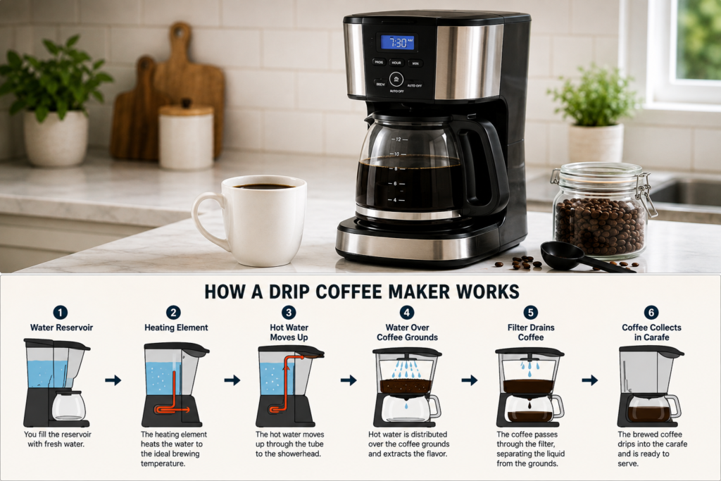 Modern drip coffee maker on a kitchen counter with a cup of coffee and coffee beans jar.