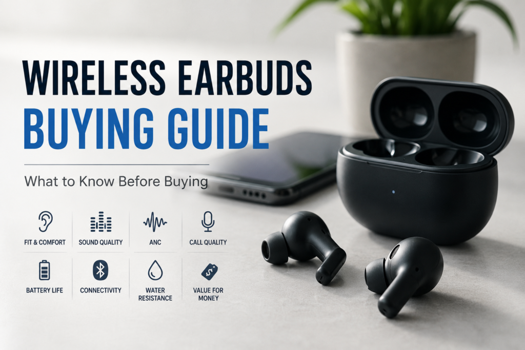 Wireless earbuds in a charging case on a clean background, illustrating a wireless earbuds buying guide.