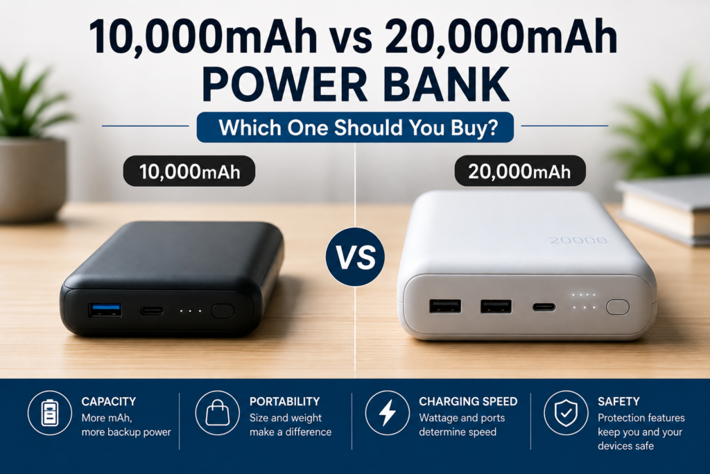 10,000mAh vs 20,000mAh power bank comparison showing capacity, portability, charging speed and safety