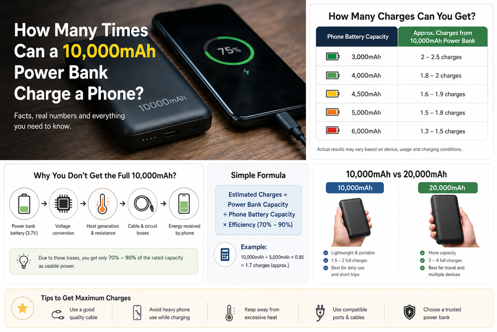 10,000mAh power bank charging capacity infographic with battery comparisons and charging tips
