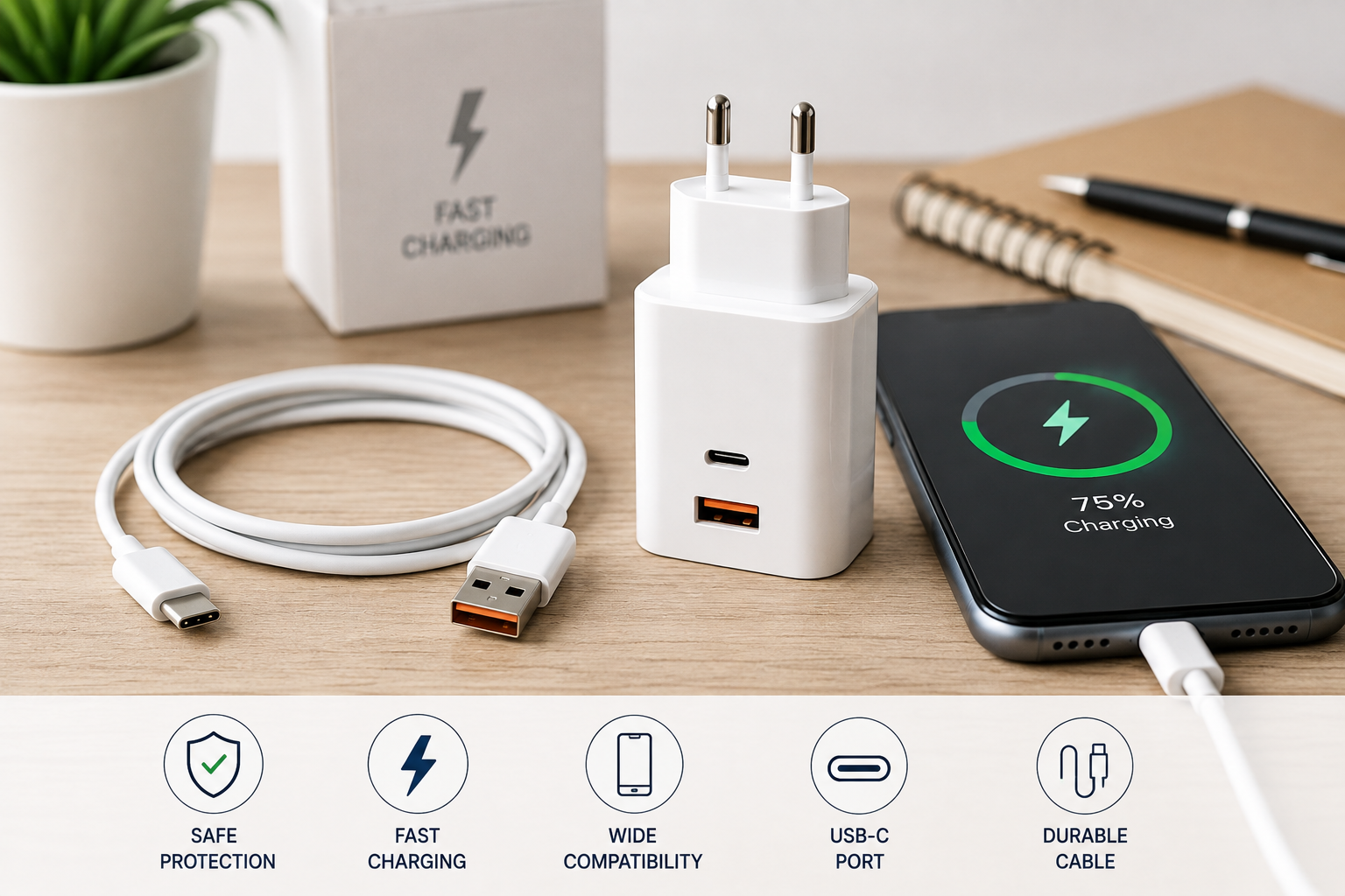 Mobile charger, USB-C cable, and smartphone showing fast charging on a desk.