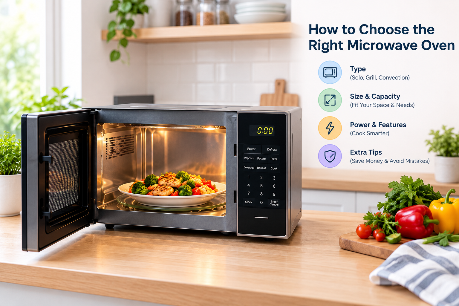 Modern microwave oven with food showing key factors for choosing a microwave.