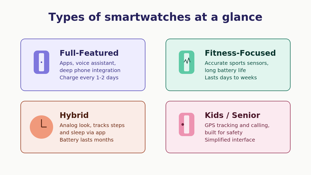 Comparison of four smartwatch types: full-featured, fitness-focused, hybrid, and kids or senior smartwatches