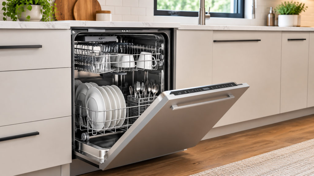 Modern built-in dishwasher in kitchen