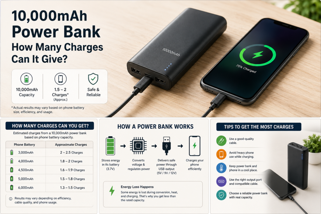 10,000mAh power bank charging a smartphone, showing estimated phone charges